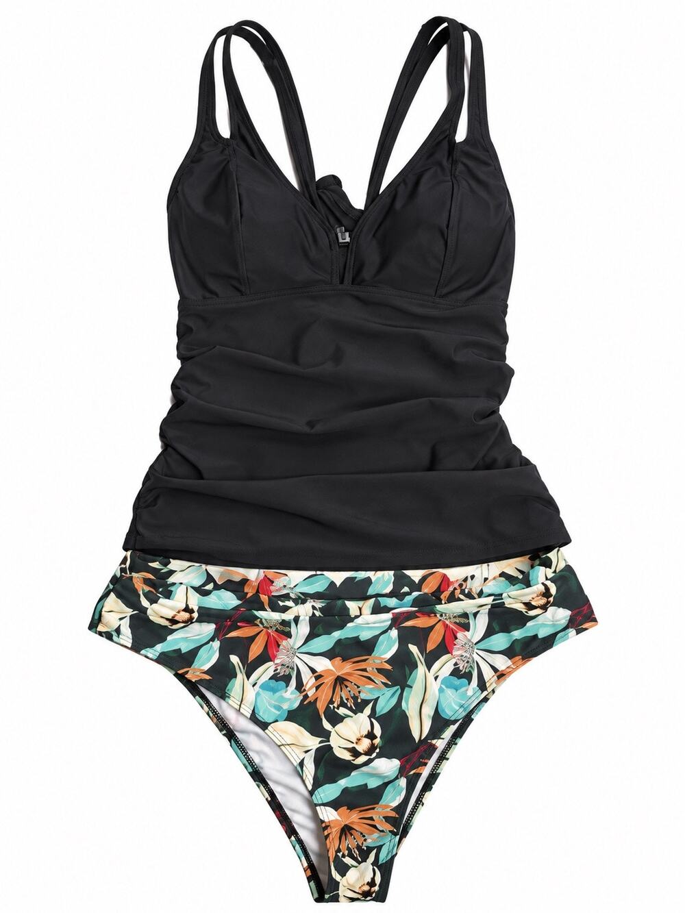 Women 2 Piece Tankini Swimsuit Size XL Black Tropical Floral Strappy Back NWT